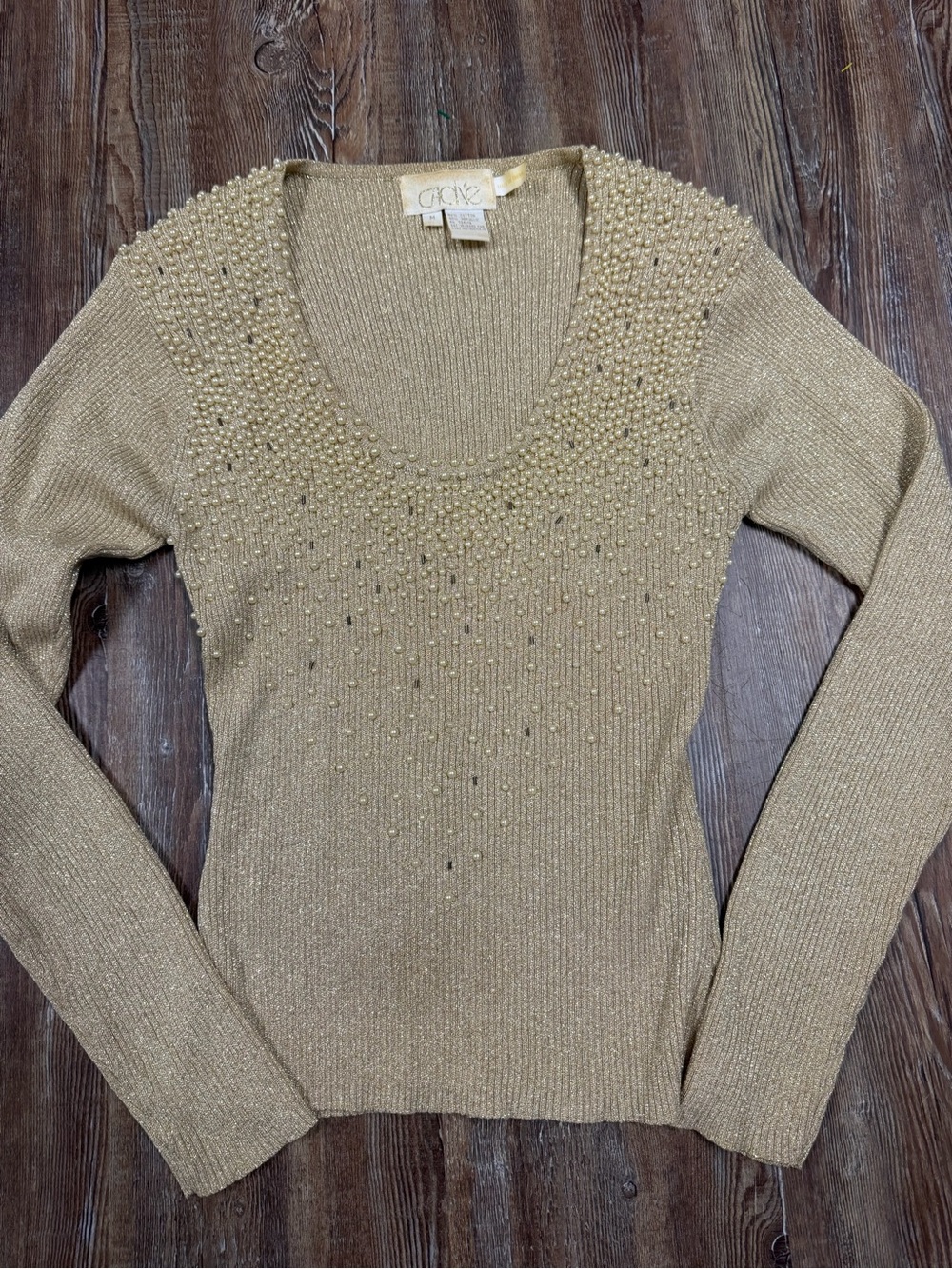 Vintage 90s Cache beaded sweater with pearl embellishments on the neckline and s